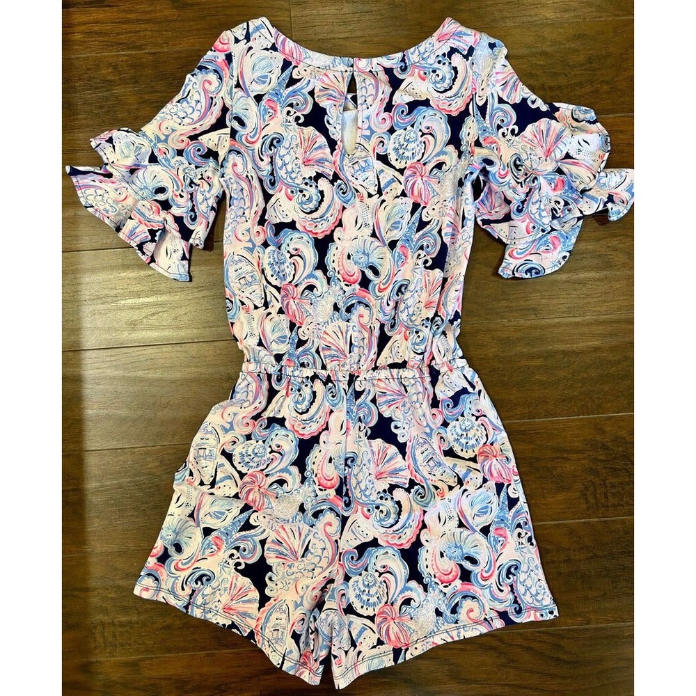 Lilly Pulitzer Lula Short Sleeve Ruffled Knit Romper It’s For Shore